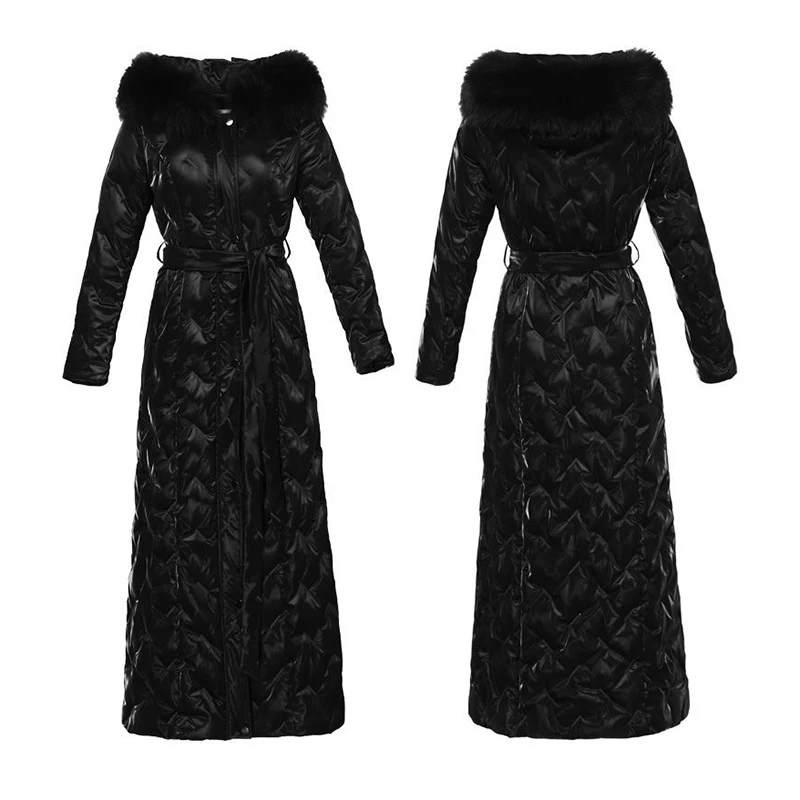 Winter Unwashed Long Large Fur Collar Hooded Down Jacket Women Slim Thick Cotton Padded Jackets Female Warm Knee Length Outwears