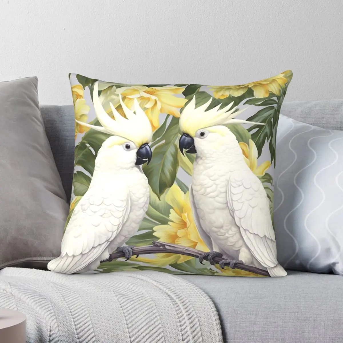 White Cockatoos Square Pillowcase Polyester Linen Velvet Printed Zip Decorative Pillow Case Sofa Cushion Case 45x45