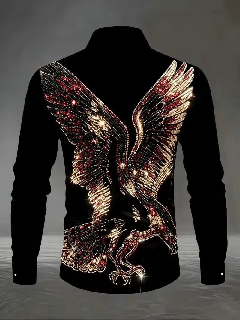 New Black Base Hot Stamped Red Diamond Wings Flying Eagle Long Sleeve Shirt Light Luxury Men's Performance Shirt