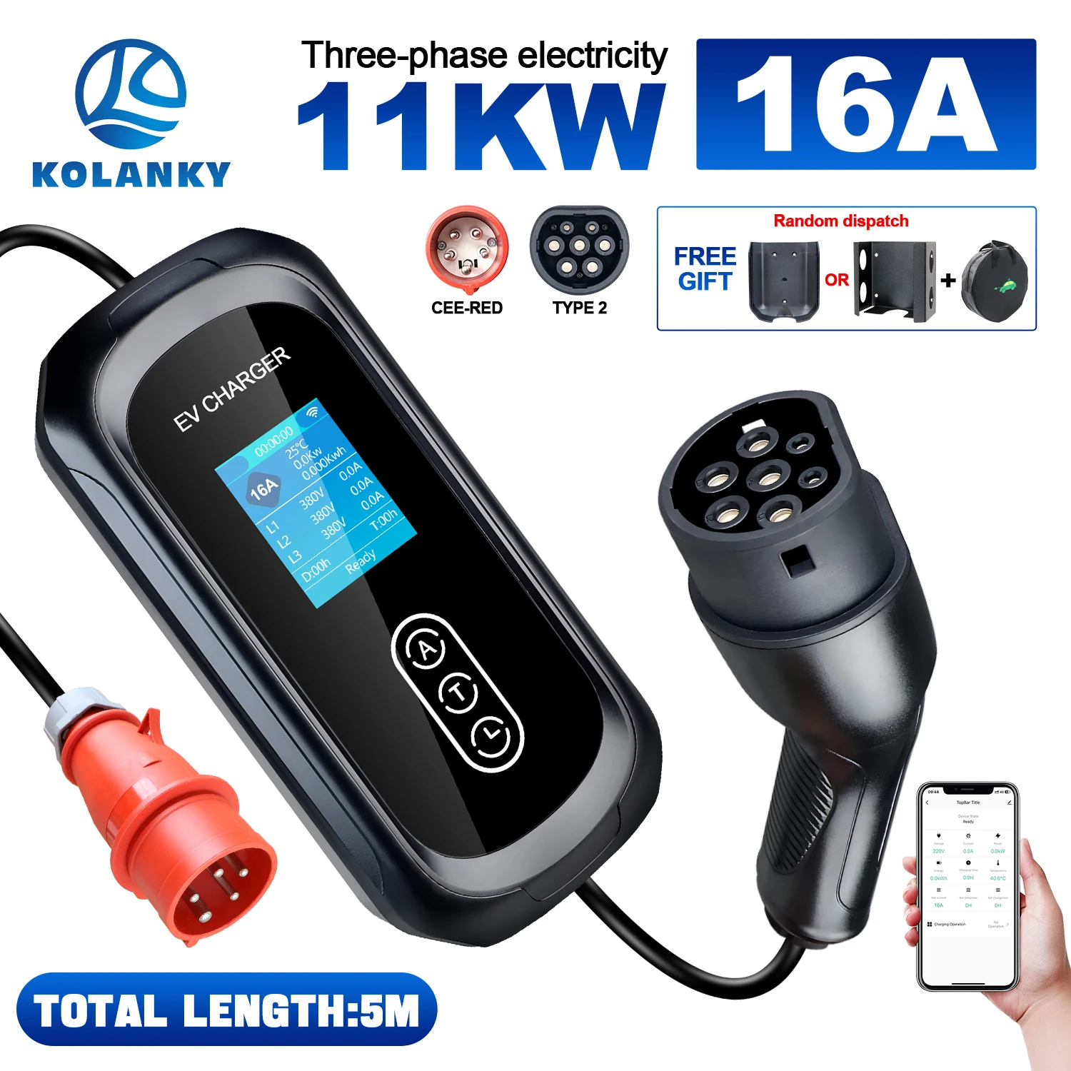 Kolanky Tragbares EV-Ladegerät 16A 11KW Typ 2 APP WLAN Bluetooth-Steuerung Set IEC 62169 Ladezeit PHEV Elektrofahrzeug 5M Gesamtlänge inkl. Stromkabel Gratis Geschenk Wallbox Eisenhalterung oder