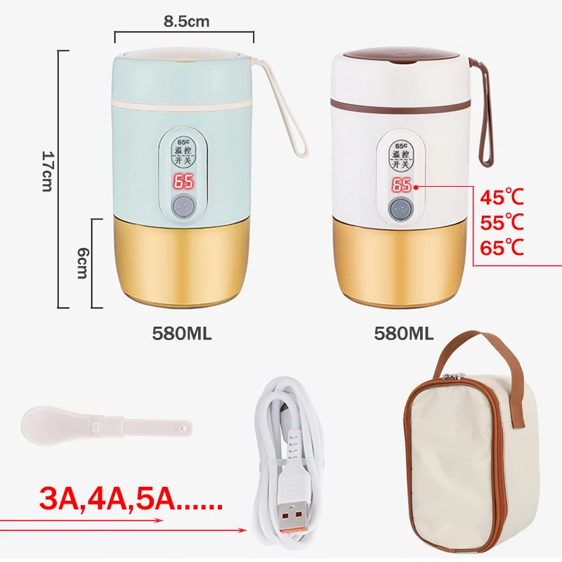 USB Type C 3 Gear Temperature Leakproof Electric Heated Lunch Box Travel Car Work Food Warmer Container Set 5V 12V 24V 20W 580ml