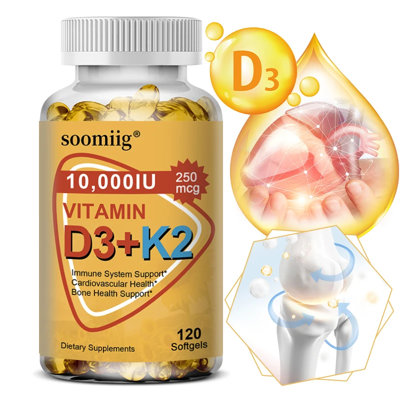 Vitamin D3 and K2 (mk7) Softgels Promote Calcium Absorption, Bone and Joint Health, and Improve Immunity