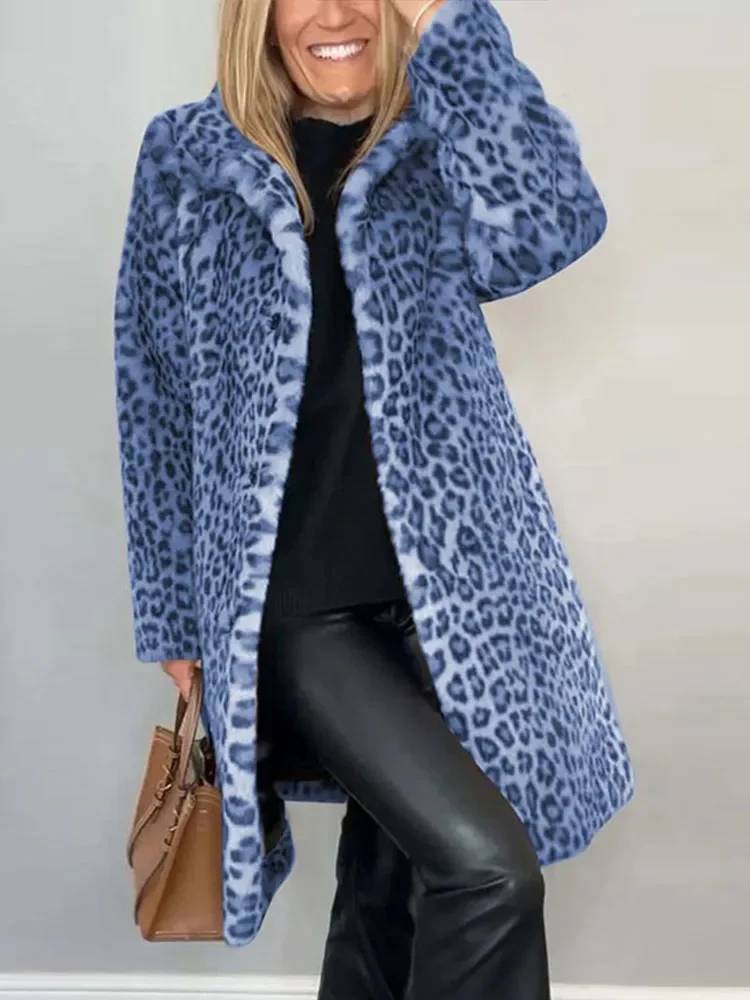 Mujer invierno otoño versátil cálido prendas de vestir diarias de lujo estampado de leopardo abrigos de piel sintética mujeres Retro suelta solapa de felpa abrigos largos