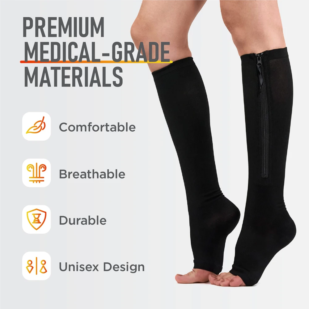 1Pair Zipper Compression Socks for Women & Men, Sturdy Zippered Stocking to Improves Blood Circulation, Relieves Pain & Swelling