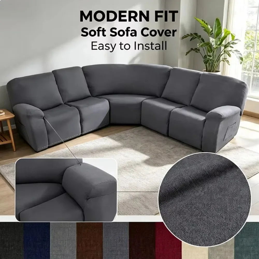 7-Piece 5Seat L Shape Velvet Stretch Recliner Corner Sofa Covers for Sectional Sofa Set Reclining L Shape Sofa Slipcovers