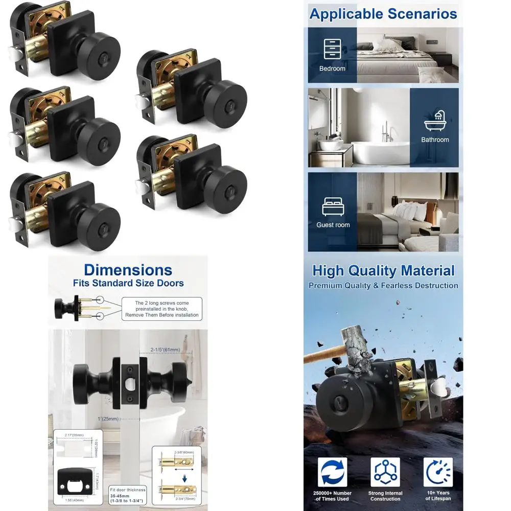 Nowoczesne klamki bezkluczykowe, zestaw 5 sztuk, wewnętrzne klamki z funkcją prywatności, kwadratowa podstawa, do sypialni i łazienki, wykończenie matowe.
