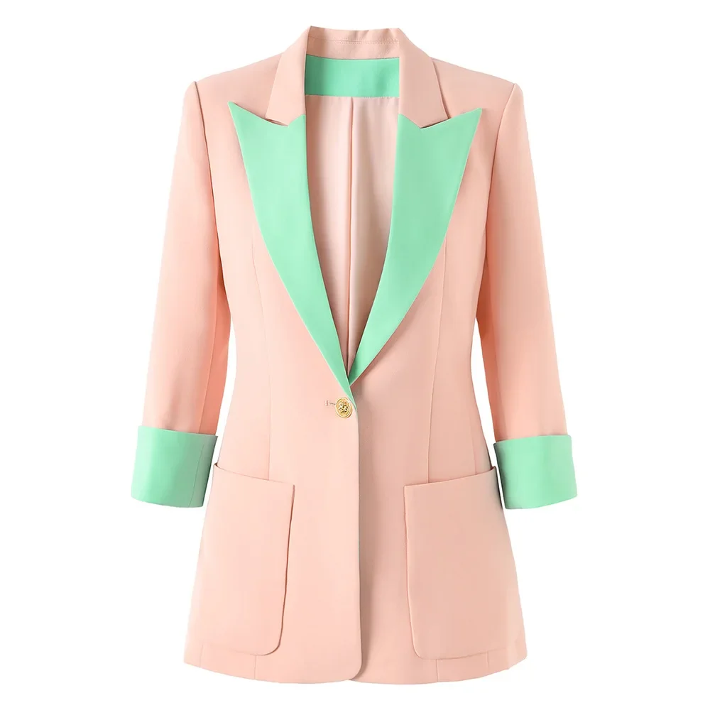 

Elegant Spring Summer Seven-minute Sleeve Blazer Jacket Women Single Gold Button New in Outwear Ladies Pink Office Business Suit