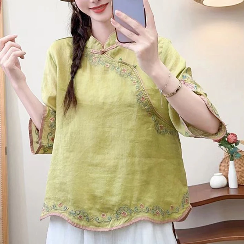 Women Chinese Style Vintage Embroidery Blouses Stand Collar Seven Quarter Sleeve Loose Shirts Summer Cotton Linen Irregular Tops