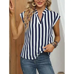 Women'S Shirt Fashion Striped Printed V-Neck Shirt Hawaiian Vacation Casual Top Women'S Elegant Short-Sleeved Evening Dress