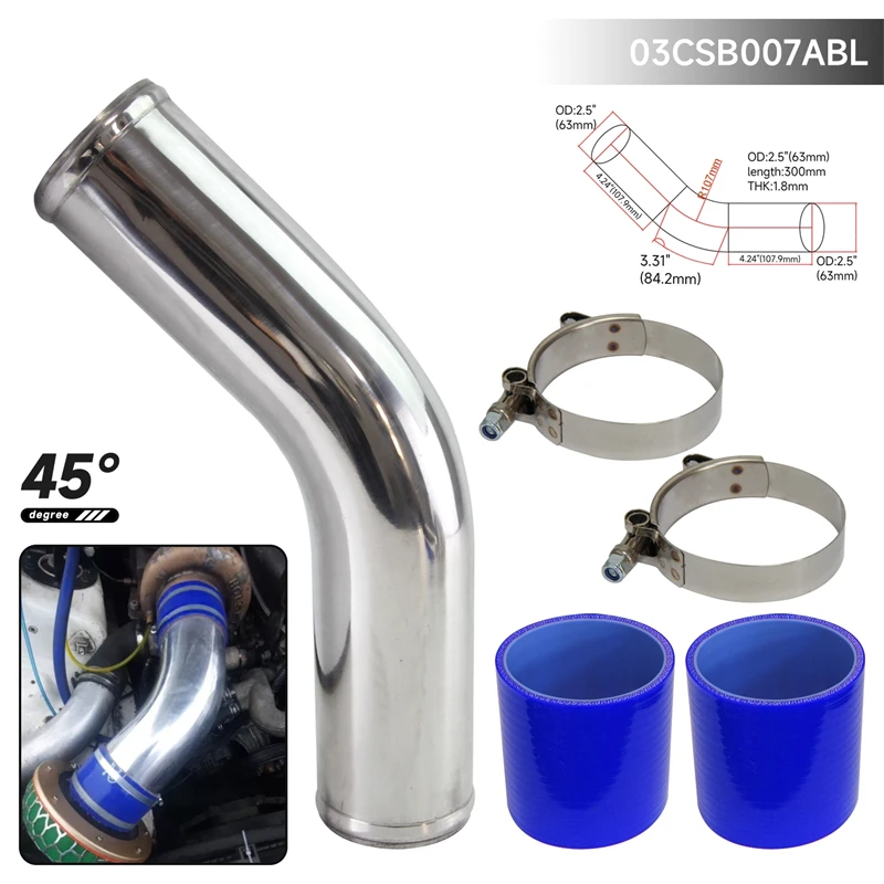 

Universal 45 Degree 63mm 2.5" Aluminum Intercooler pipe + Silicone hose w/ T-clamps Black/Blue/Red