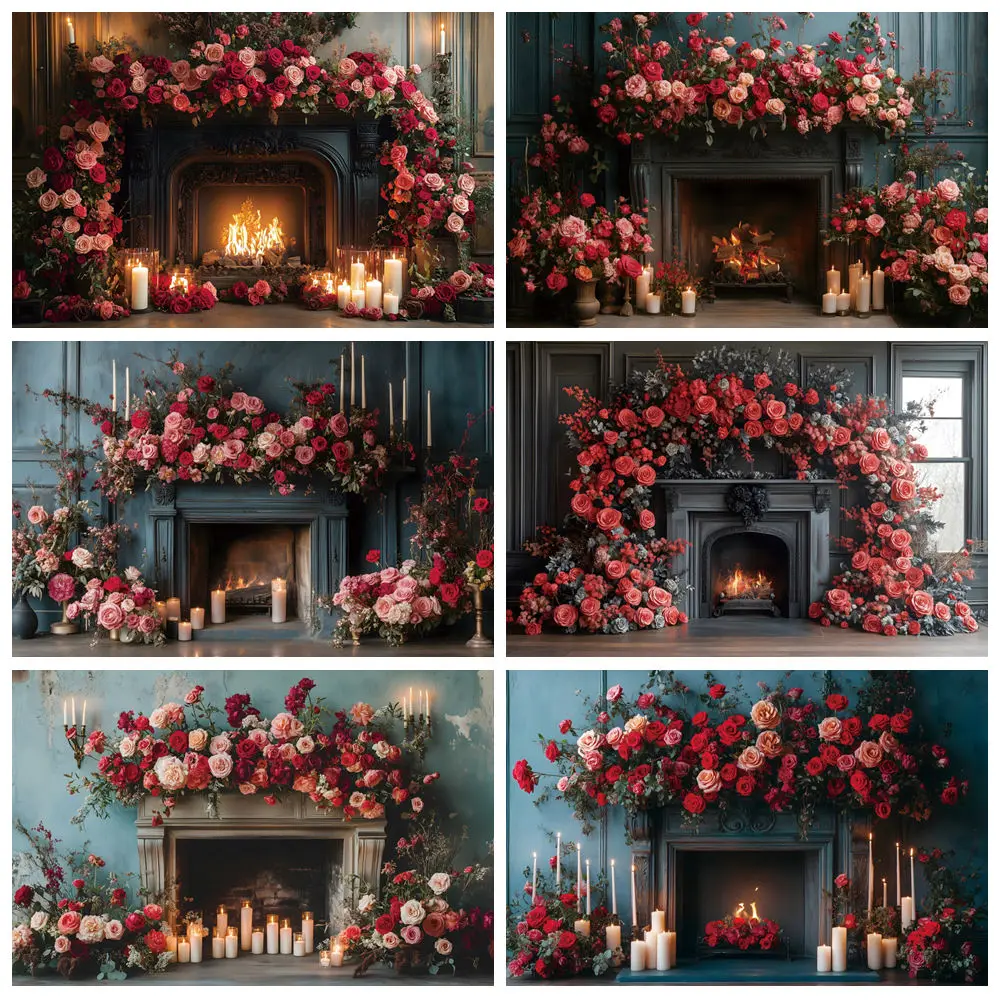 Flowers Floral Backdrop February 14th Valentine's Day Retro Fireplace Couple Art Portrait Wedding Photography Background Decor