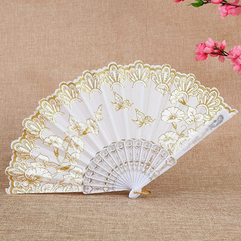 Chinese Japanese Silk Folding Fan Wooden Shank Classical Vintage Dance Party Hand Fan Art Craft Gift Printing Home Decoration