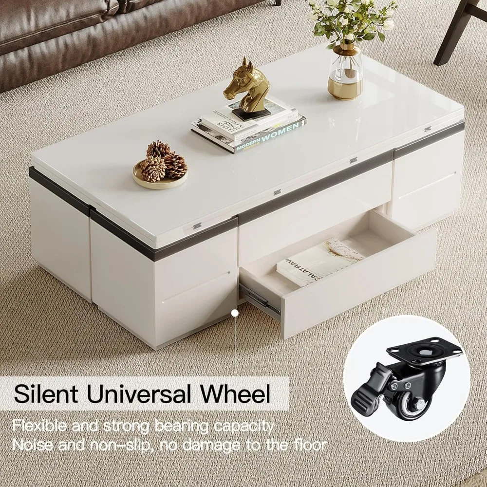 Extendable Coffee Table with 4 Storage Stools, Multifunctional Lift Top Coffee Table, Space Saving Folding Dining Table for Livi