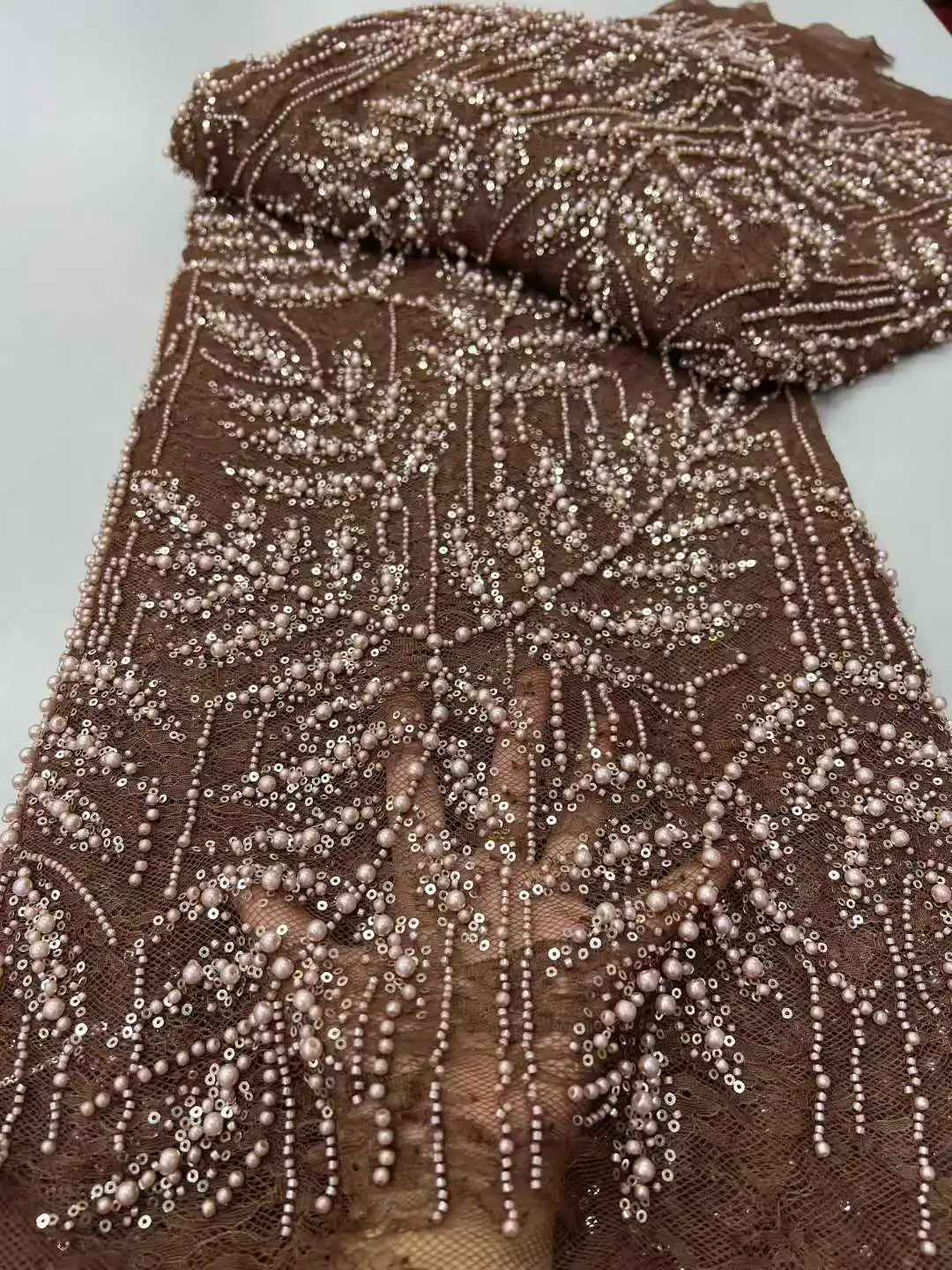 

2025 New Hot Sale New Tulle Lace Fabric With Beads Sequins African Nigerian French for High End Wedding Party Bride Sewing Dress