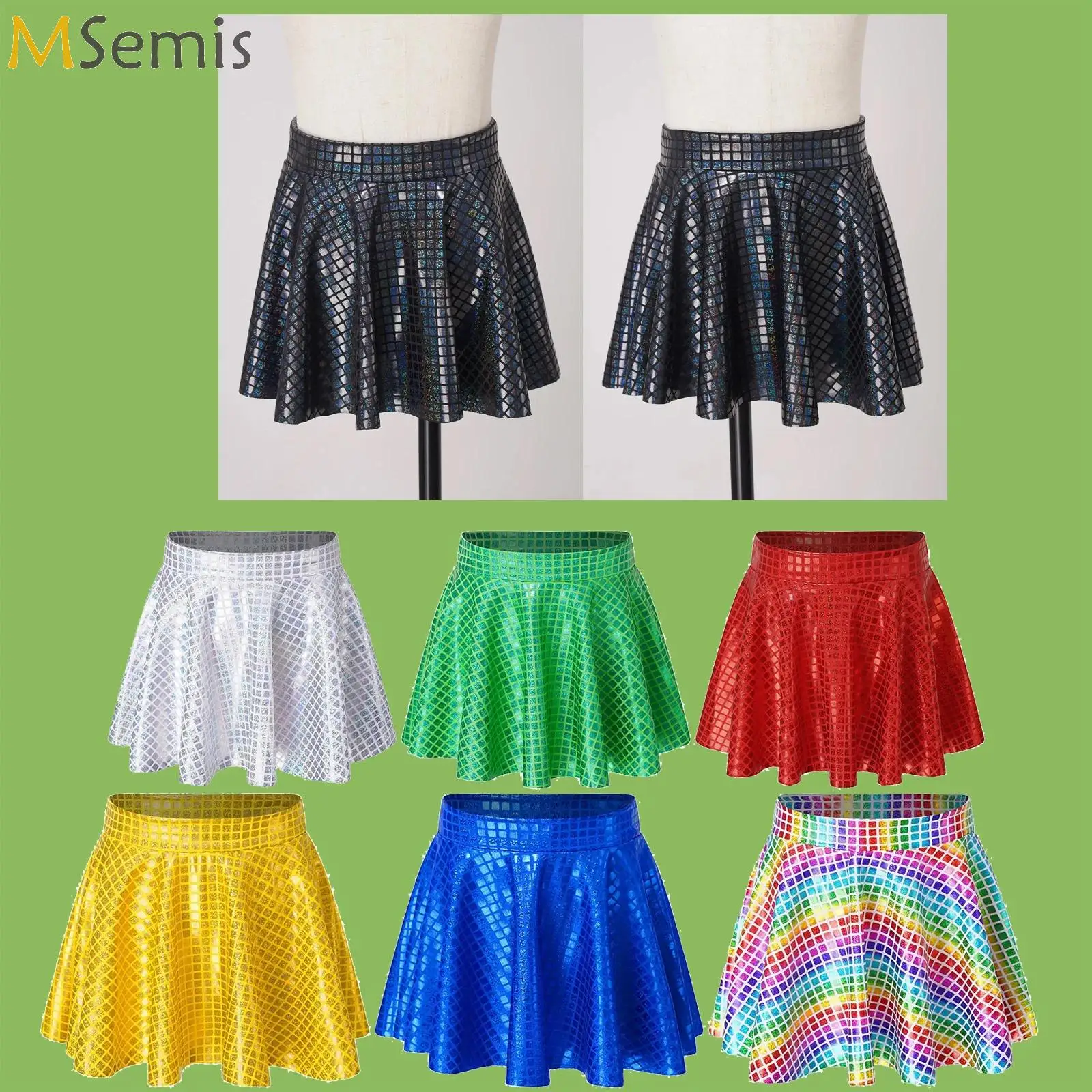 

Kids Girls Shiny Sequins Dance Skirt Metallic Pleated Skirt Shorts Elastic Waistband Culottes Dance Stage Performance Costume