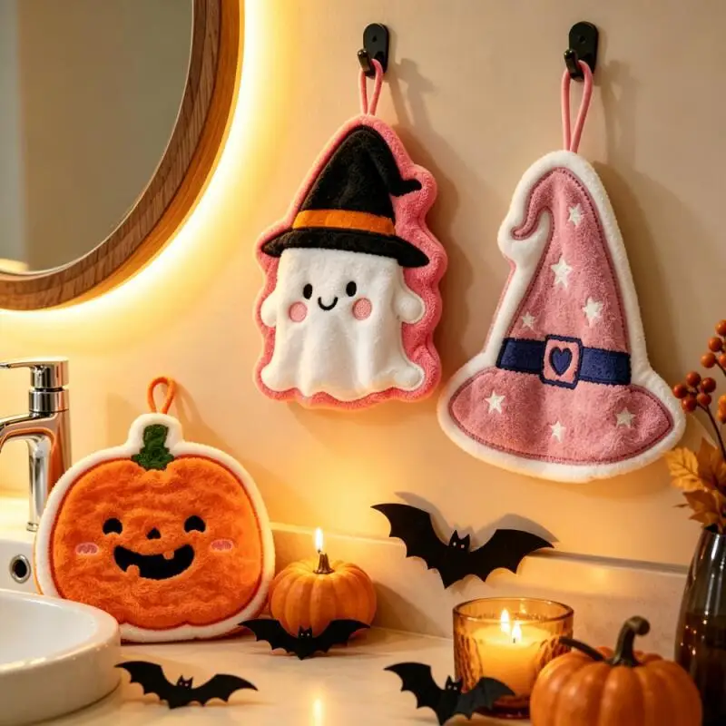 Cute Halloween Hand Towel, Pumpkin Ghost Witch Bat Design Hanging Towel, Festive Bathroom Decorative Prop Halloween Decoration