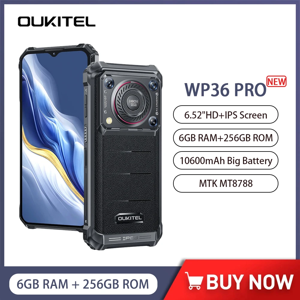 Прочный телефон Oukitel WP36 Pro, 6 ГБ ОЗУ + 256 ГБ ПЗУ, 10600 мАч, мобильные телефоны, Android 13, 13-мегапиксельная камера, 6,52 дюйма, HD, 60 Гц, мобильный телефон NFC