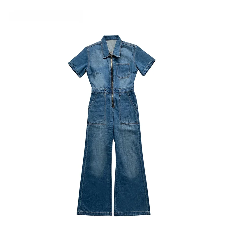 

Ordinary times Retro mat Denim Overalls Women's Long Pants Middle Waist Flared Legs Regular Thin Fabric