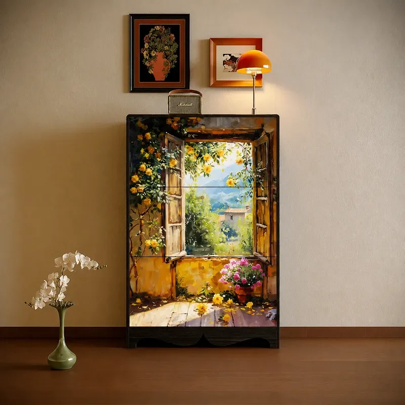 Painted Cream Solid Wood Tipping Bucket Shoe Cabinet Household Entryway Living Room Storage Rack for Elevator Area