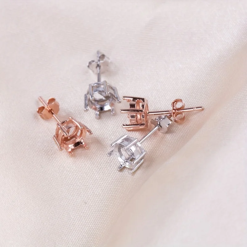 1Pair 4-8MM Round 6 Prong Rose Golden And Silvery Solid 925 Sterling Silver Studs Earrings Settings DIY Jewelry Supplies