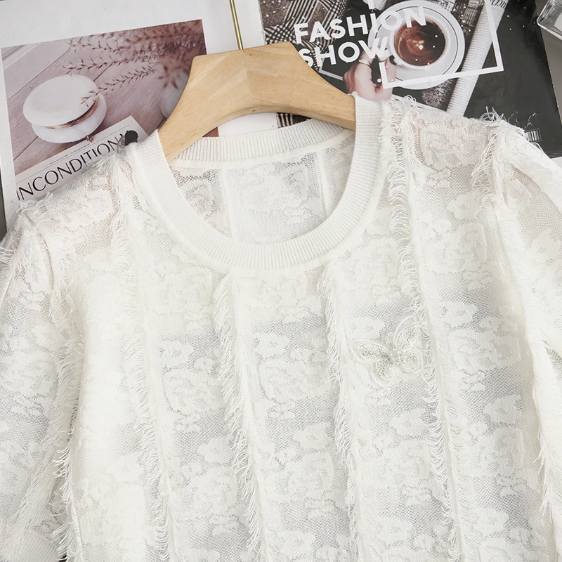 

Elegant Knitted Short Sleeve Top with Feather Rose Embroidery Tassel Trim Commute Style Regular Fit Glue Fiber Nylon Blend