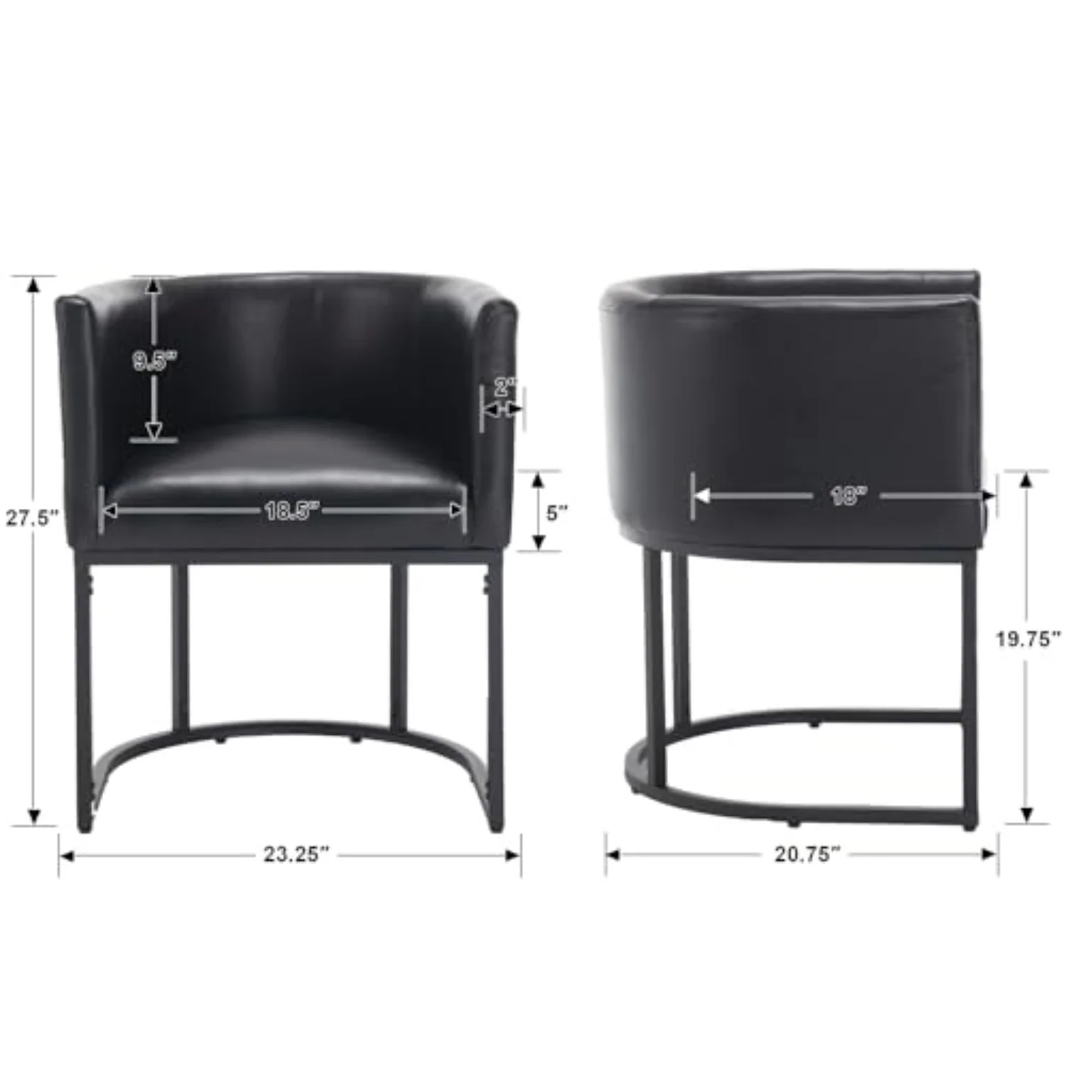 Mid Century Modern Upholstered Barrel Black Dining Chair with Arms, Leather Kitchen & Dining Room Chair, 18.5" Wide view 3