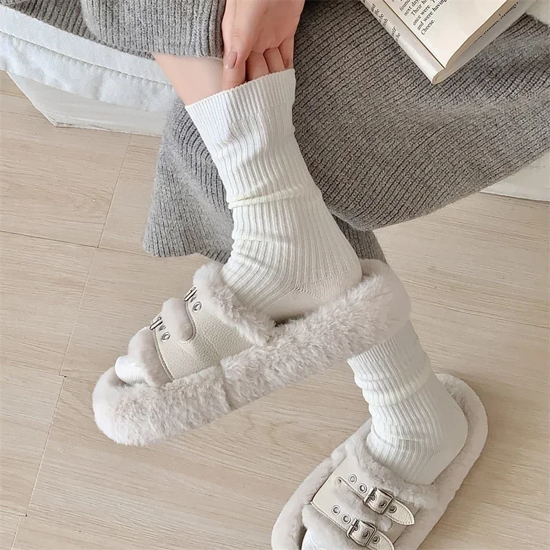 3 Pairs Per Lot Retro Women Socks Japanese Style New Solid Color Warm Simple Crew Socks Girl Breathable Soft Striped Loose Socks