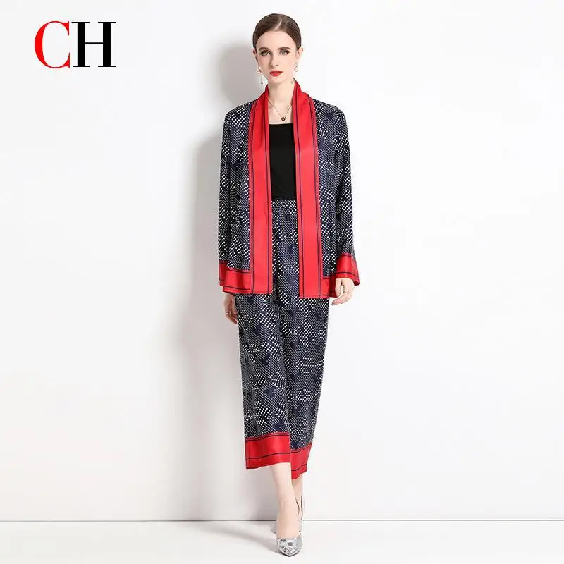 CH Polka Dot Print Two Piece Set Long Sleeve Belted Robe Wide Leg Pants Contrast Trim Loungewear Elegant Fashion Daily Wear