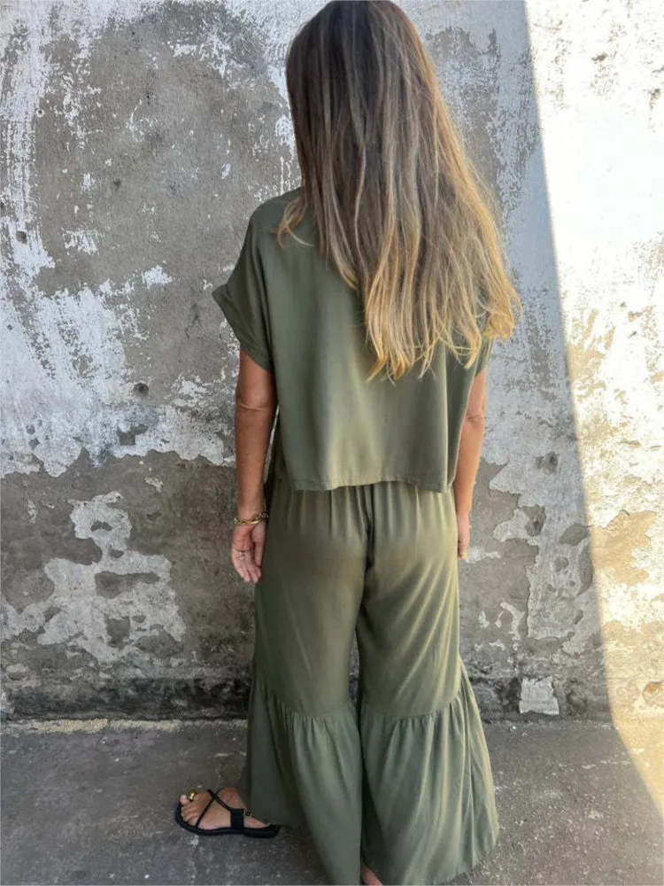

Fashion Ruffles Splic Trousers 2 Piece Sets Women O-neck Short Sleeve Loose Top Pants Set Summer Casual Street Solid Suit Female