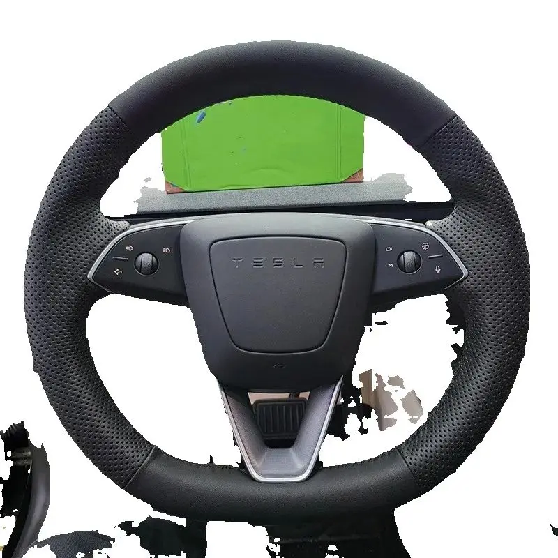 100% صالح ل تسلا موديلو 3 هايلاند 2024 2025 مخيط يدويا عدم الانزلاق جلد طبيعي أسود غطاء عجلة القيادة سيارة #1