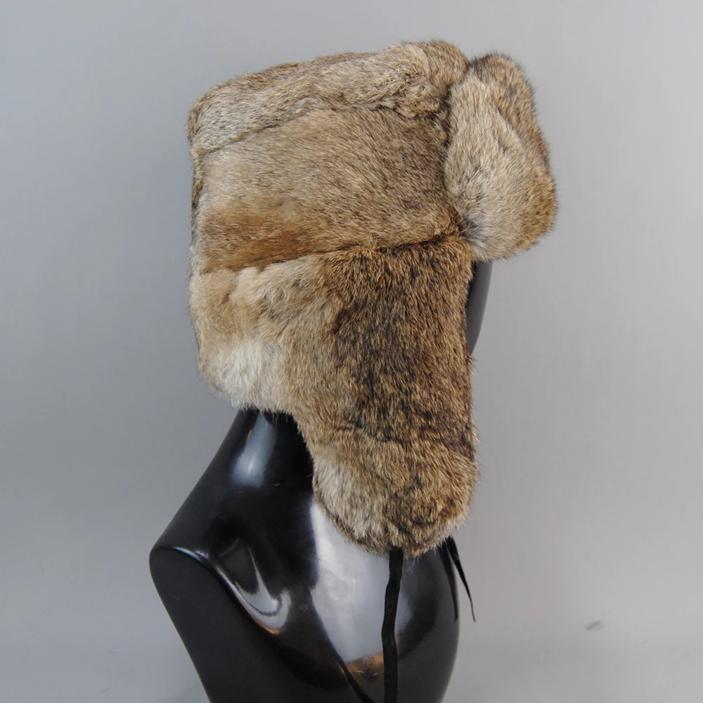 Capa de pele de coelho homem inverno genuíno 100% pele bombardeiro chapéu à prova de vento quente earmuffs masculino plana cinza/preto russo chapéu