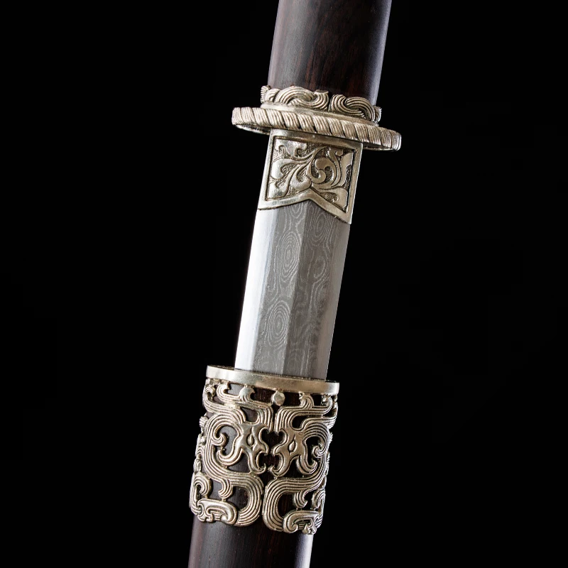 Short Han Jian Folded Steel Blade Clay Tempered Ebony Wood Saya Ornate Dragon Fittings Collectible Martial Arts Decorative Sword