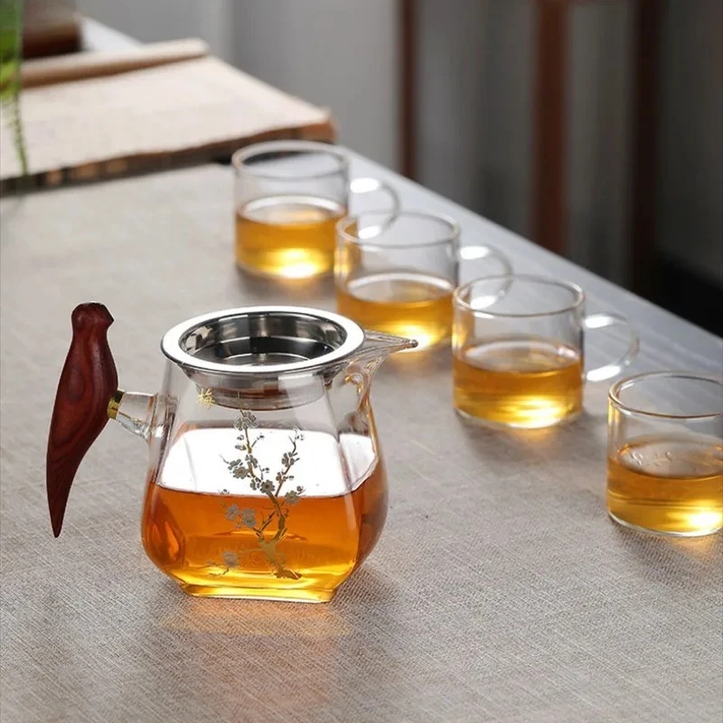 

Стеклянный чайник 400 мл со сливом для чая, чайный сервиз кунг-фу, чайная посуда, диспенсер с деревянной ручкой, посуда для приготовления чая, инструменты