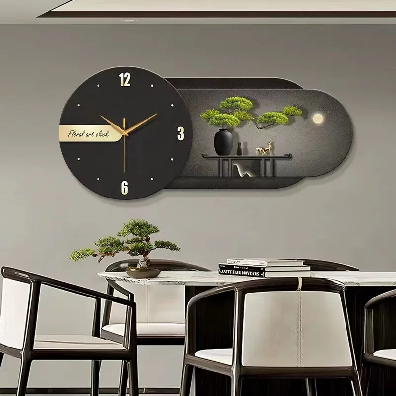 New Chinese style clock restaurant decoration painting restaurant wall clock painting welcomes guests pine wood living room LED