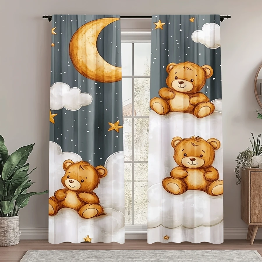 2PCS Digital Print  Curtain, Stars Moon Little Bear, Rustic Farmhouse Window Treatment Drape for Bedroom Kitchen Decor