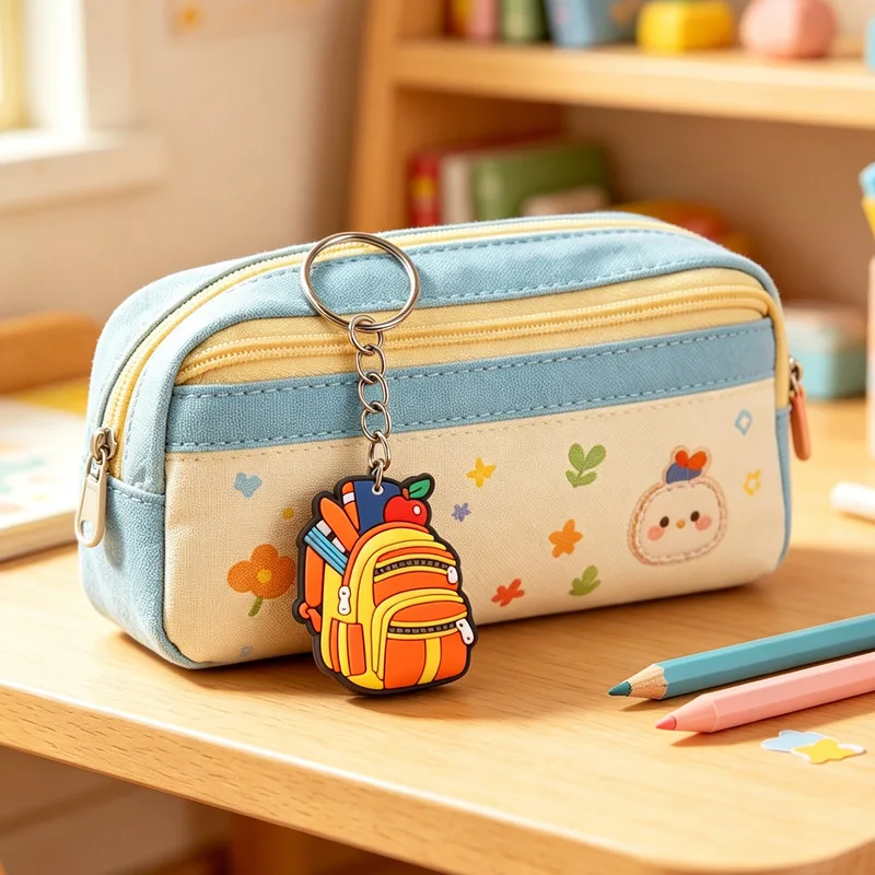 Wholesale Mixed 6 Styles School Keychain Soft PVC Back to School Key Ring Backpack Apple Owl Bus Pendant Teacher Student Gift