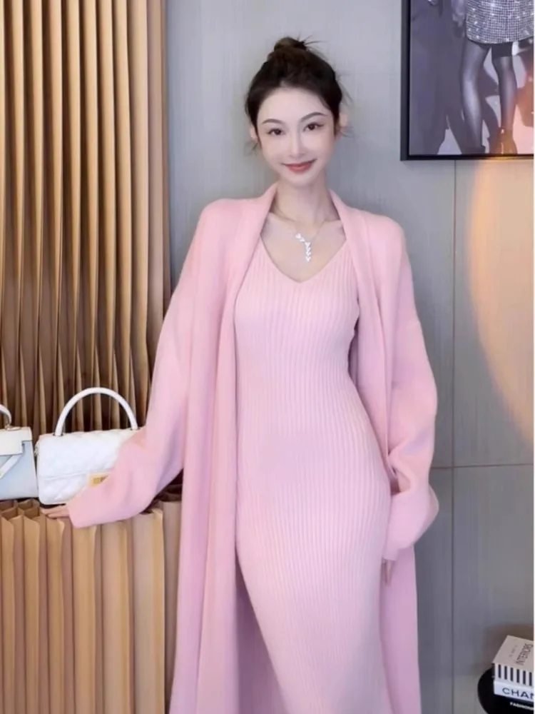 New Fashion French Women Cardigan Solid Mid-Length Sweaters Cardigan Female Jumpers Utumn Graceful Dress Two-piece Sets