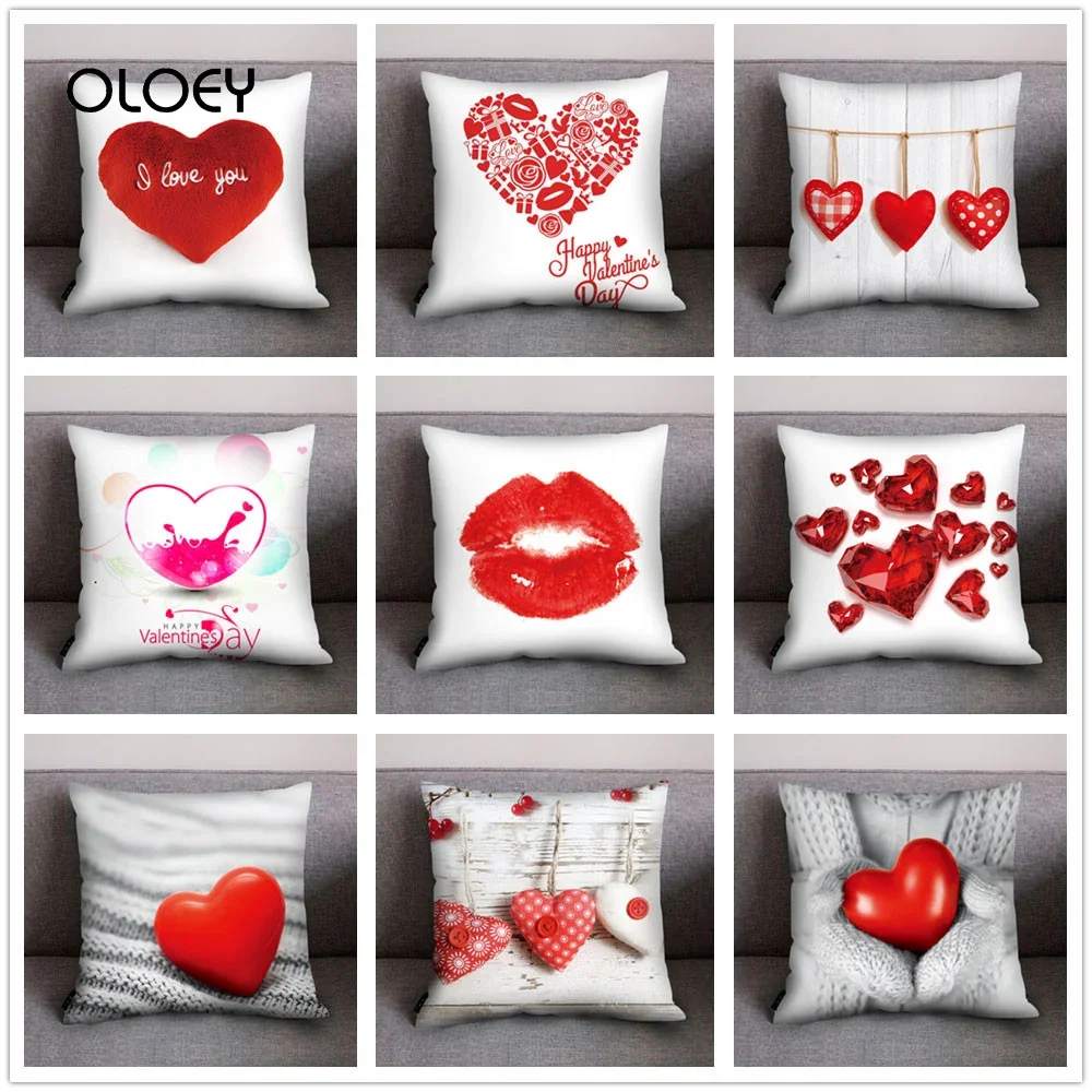 2023 Happy Valentine's Day Pillow Polyester Red Heart Shaped Love Print Pillow Home Bedroom Hotel Decorative Pillow 45x45cm   ..