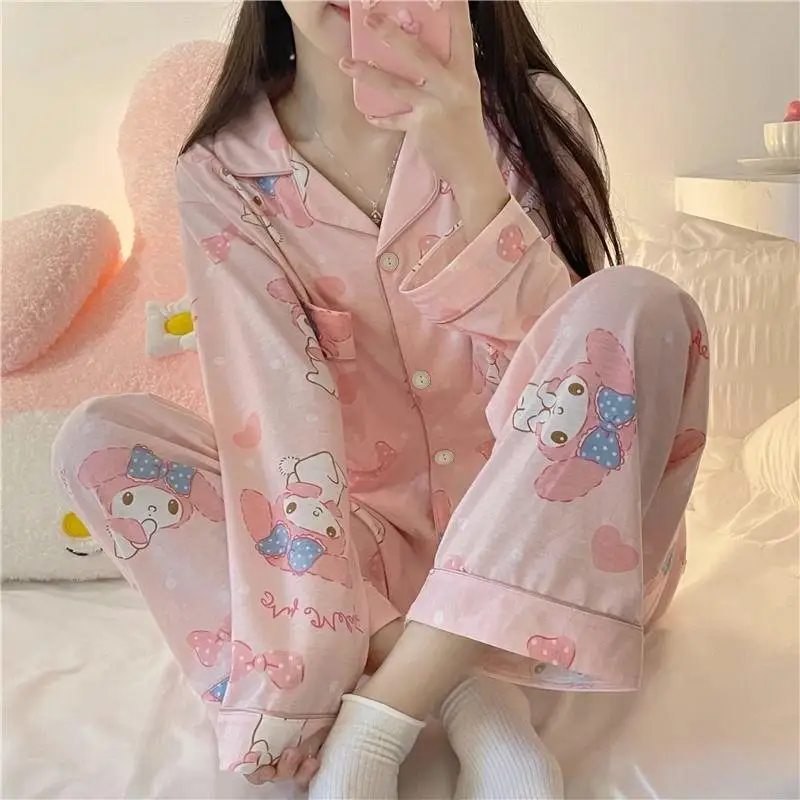 Sweet Cute My Melody Pajamas Women 2024 New Spring Autumn Long Sleeve Cartoon Sanrioed Student Home Clothes Outer Wear Girls