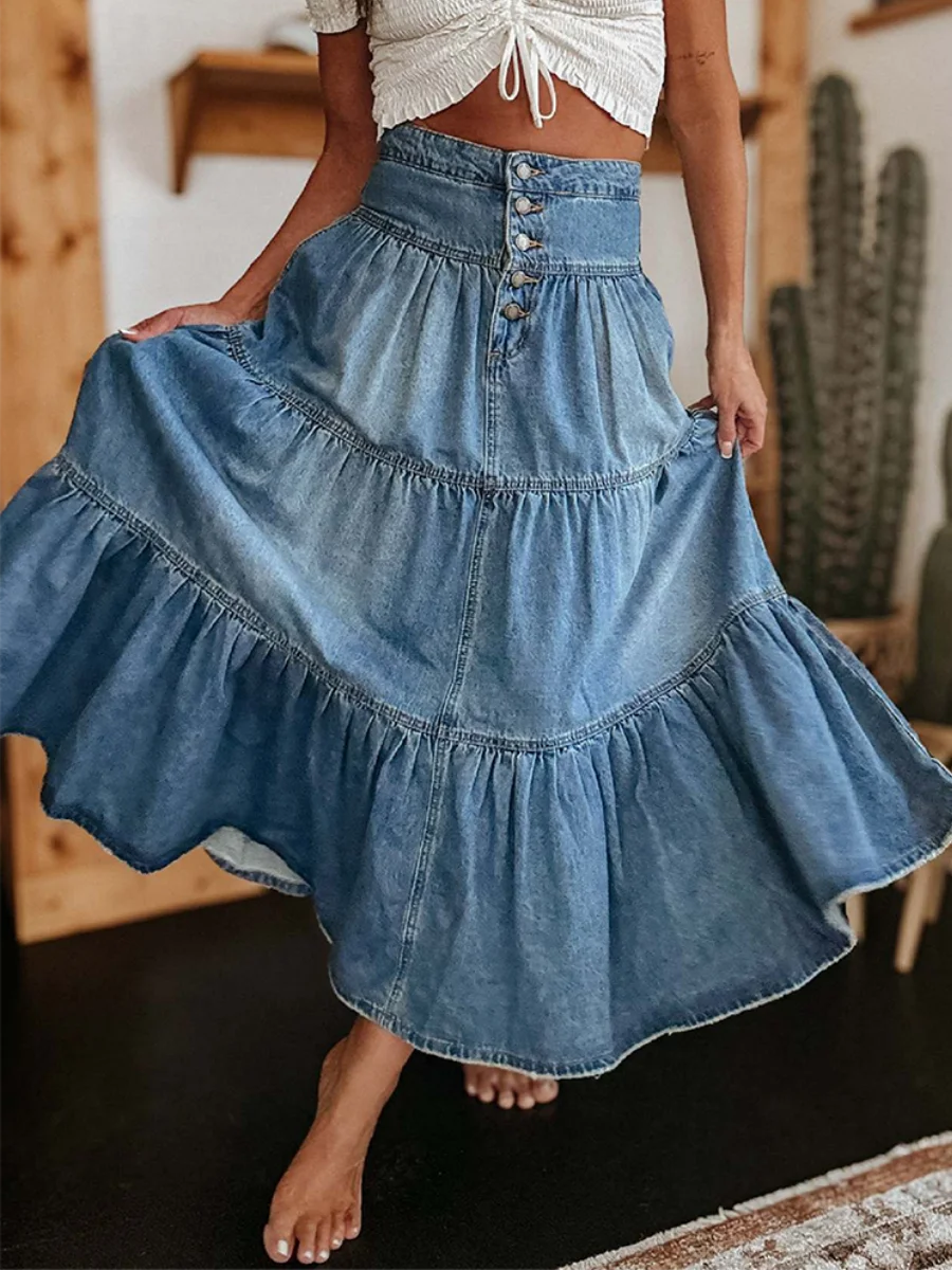 wsevypo High Waist Ruffled Hem A-Line Jeans Skirt Women Spring Summer Retro Flared Denim Long Skirt for Club Streetwear