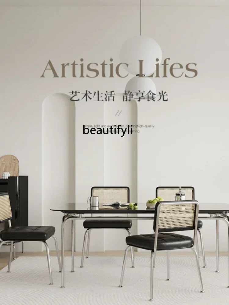 cc182R11 Minimalist Light Luxury Tempered Glass Dining Table Italian Minimalist Dining Tables and Chairs Set Stainless Steel Di