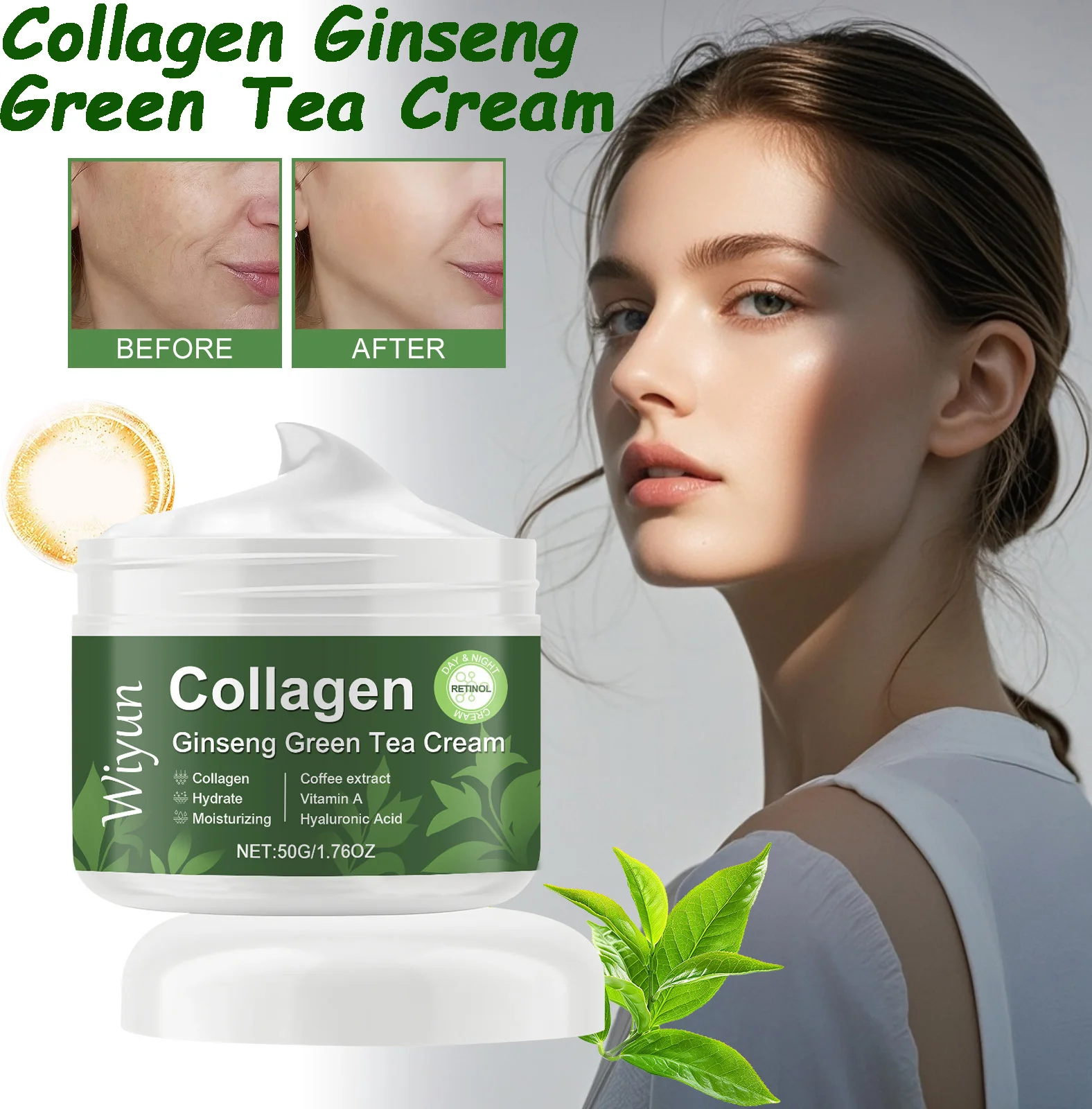 Crema de té verde de colágeno y ginseng, crema facial antienvejecimiento, reafirmante, iluminador, hidratación profunda, revitalizante, nutritivo, cuidado de la piel