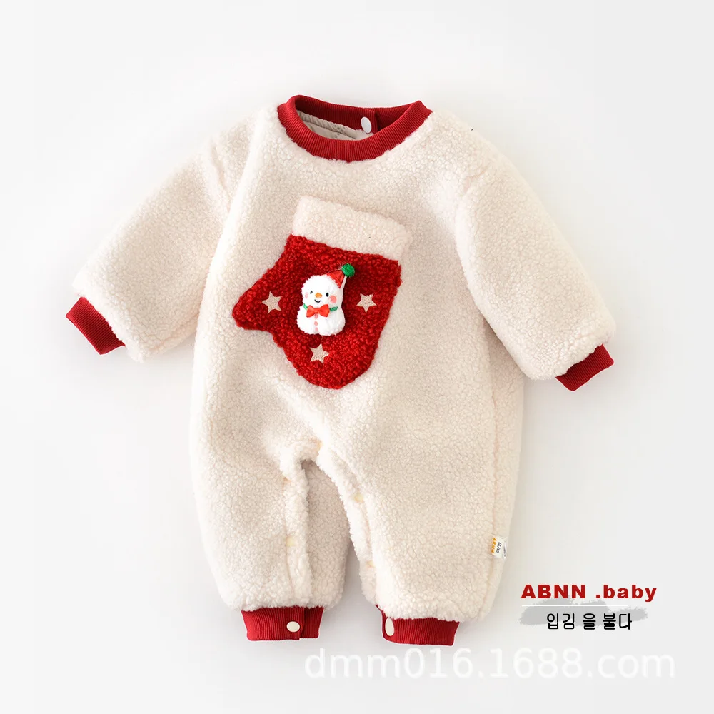 2024 Winter Baby Girls Jumpsuit Plush Thickened Christmas Hairy Warm Infant Girls Rompers Newborn Girls Thickened Bodysuit