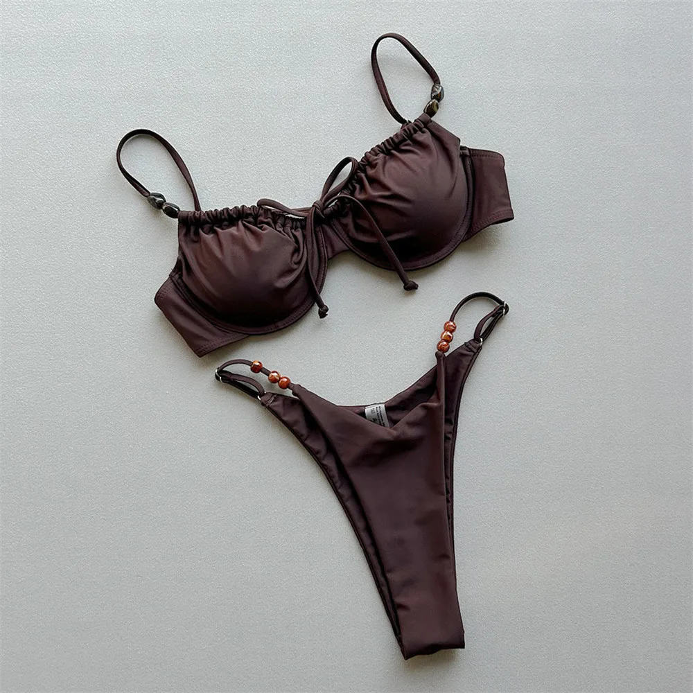 

Dark Brown Bead String Swimwear Sexy Push Up Bikinis Sets Micro Thong Swimsuit Women Brazilian Bikini 2026 Mujer Swimming Suit