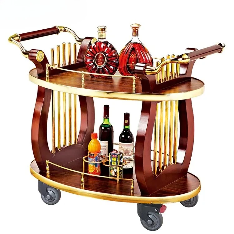 

Hotel Banquet Retro Wood Gold Utility Cart Bar Cart Trolley Drinks Tea Coffee Trolley Food Service Trolley Liquor Wine Cart
