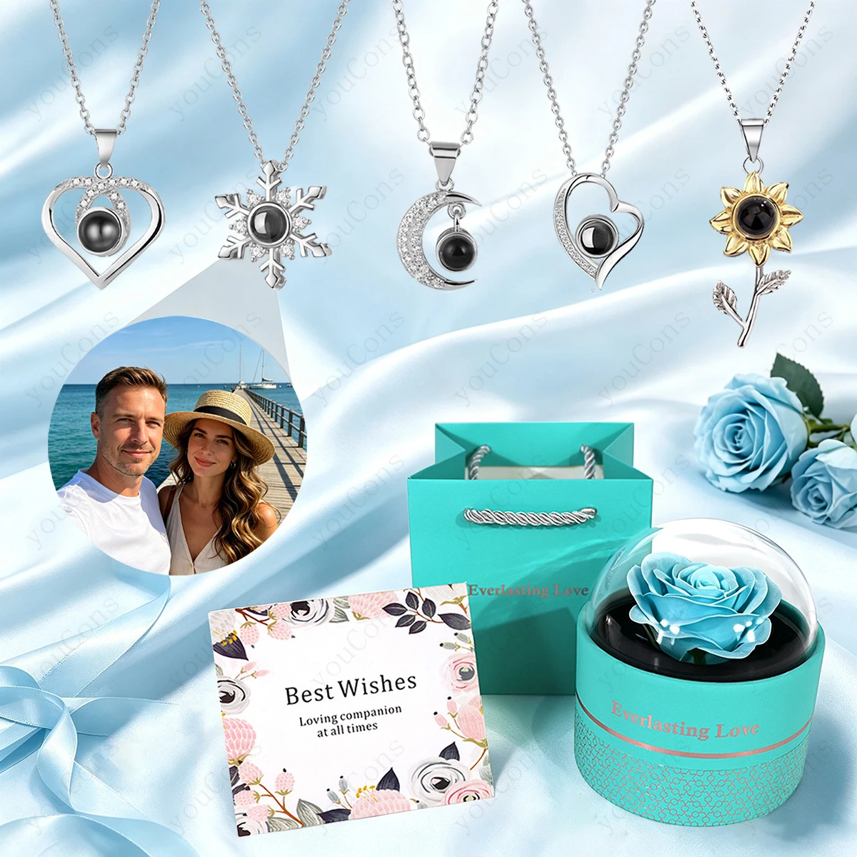 Custom Color Photo Projection Necklace Stainless Steel Chain With Blue Rose Exquisite Gift Box Valentine's Day Anniversary Gift