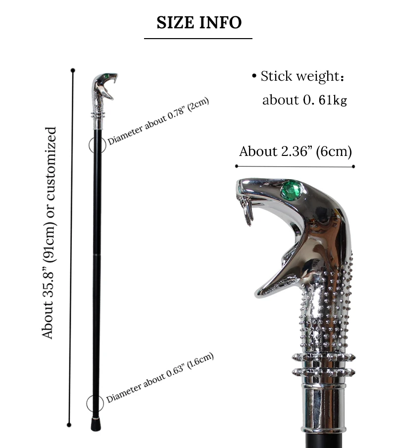 Polished Silver Cobra Head Handle Walking Cane Detachable Green Gem Eye Walking Stick Halloween Cosplay Prop for Men Women
