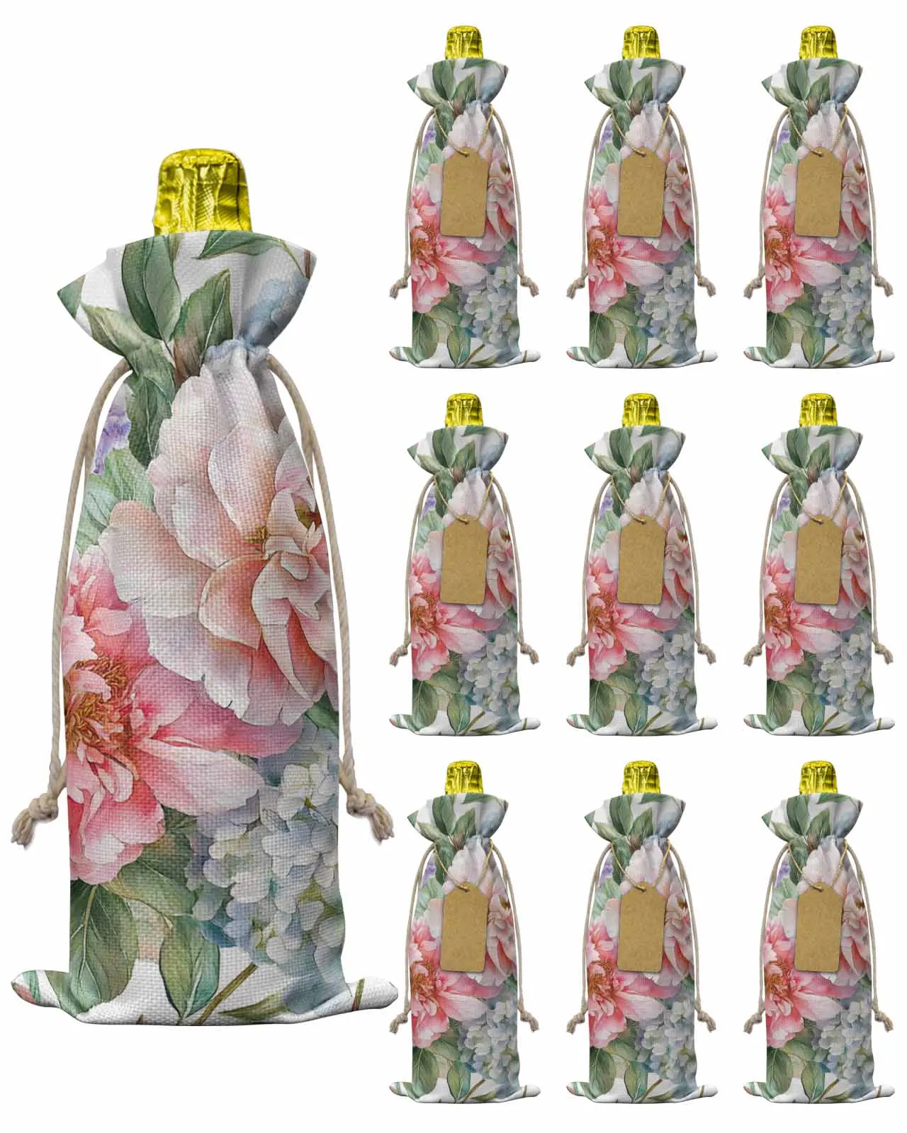 

10pcs Wine Bottle Covers Vintage Pink Flower Plant Wine Holder Carrier Packaging Bag Wedding Party Decor Gift