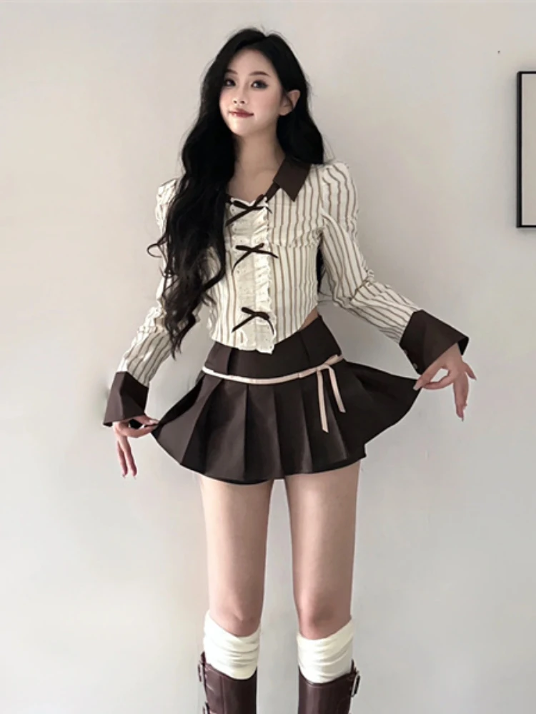 Y2k Harajuku Gyaru Matching Sets Striped Long Sleeve Crop Tops High Waist Pleated Mini Skirts Autumn Design  Women's Clothing