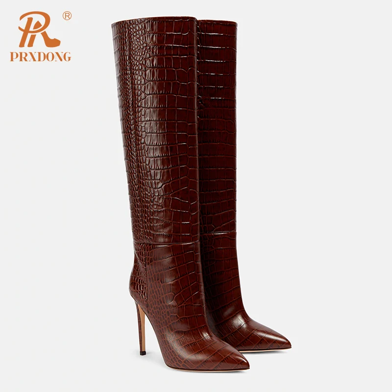 PRXDONG INS New Sexy High thin Heels Pointed Toe Autumn Winter Warm Knee High Boots Black Brown Dress Party Female Long Boots 39